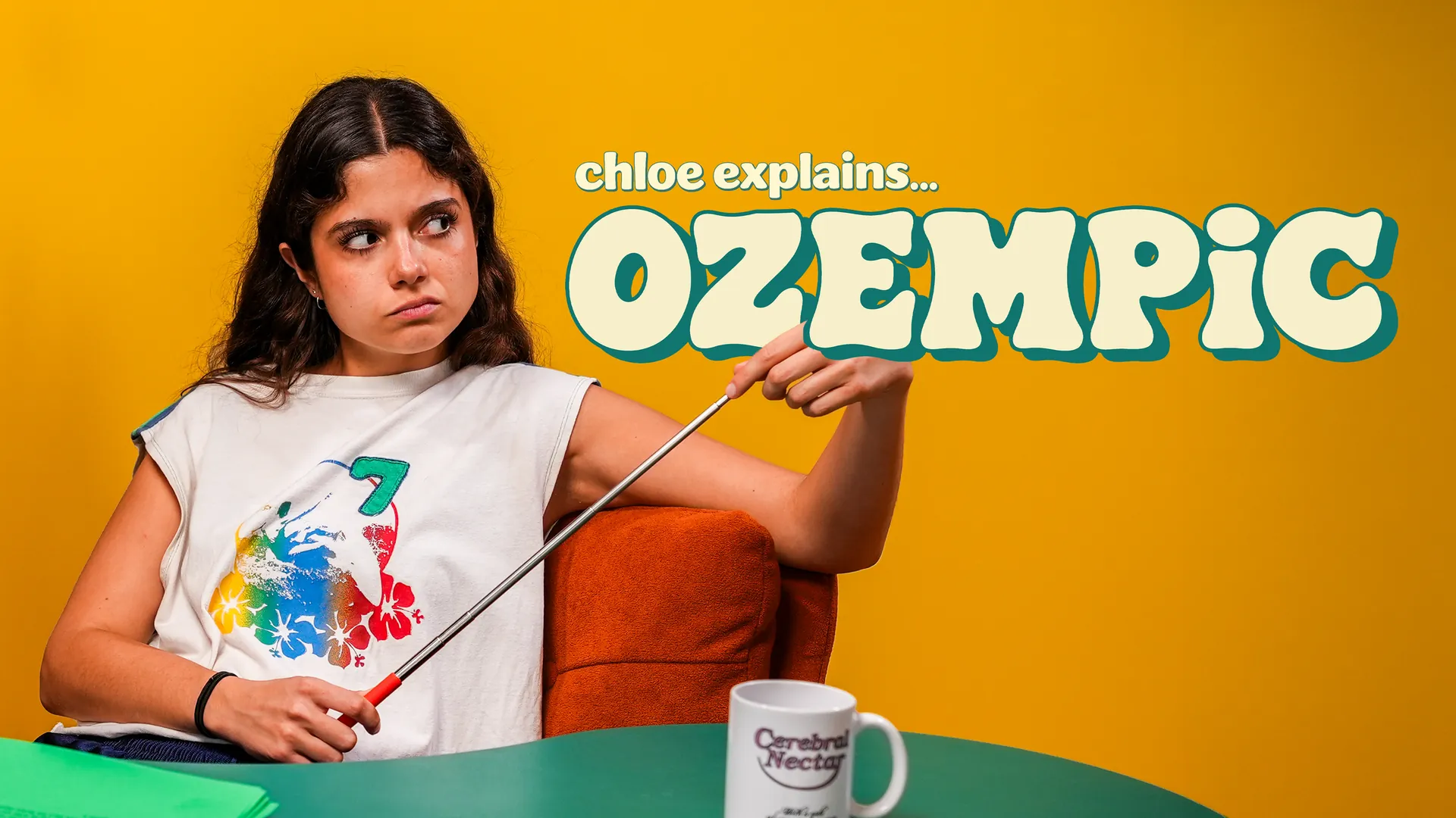 Chloe Explains thumbnail — the host with a pointer against flat yellow, the episode's subject set large beside her