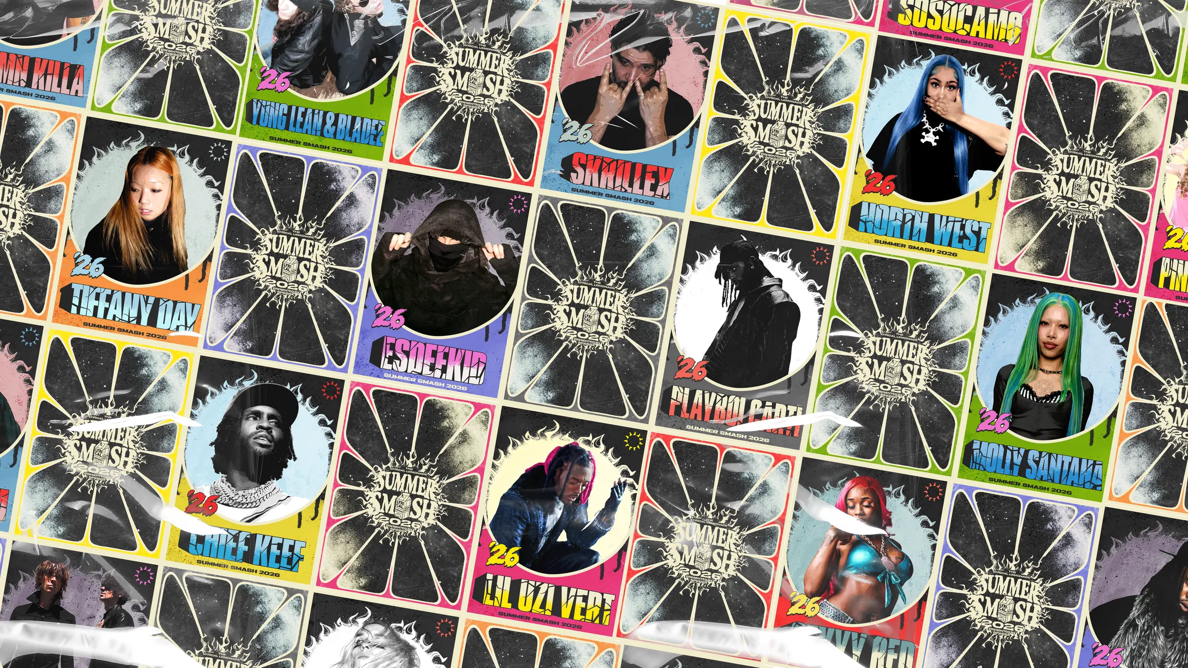 The 2026 trading card set laid out — artist fronts and the sunburst back design